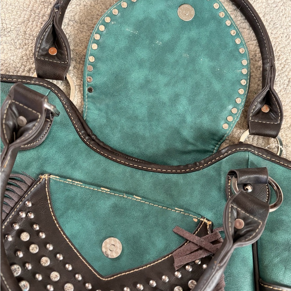 Trinity Ranch Western Studded Fringe Tote Teal Brown Leather NWT - Picture 16 of 16